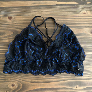 Women's Black Lace Blue Floral Bralette – Adjustable Strappy Back Lingerie Top